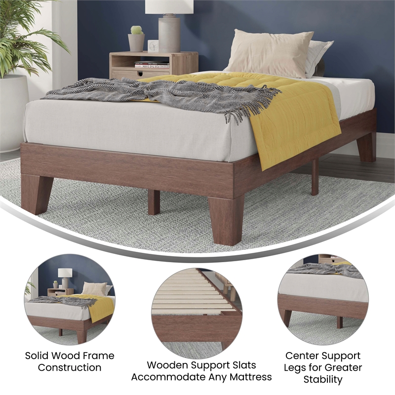 Pemberly Row Wood Platform Twin Bed with 14 Support Slats in Walnut