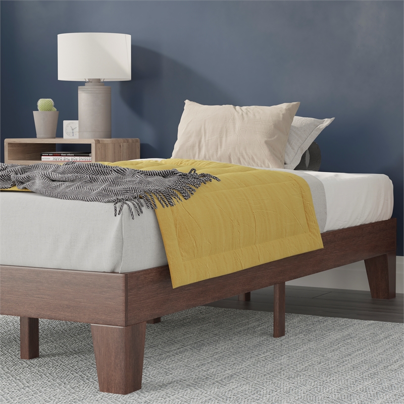 Pemberly Row Wood Platform Twin Bed with 14 Support Slats in Walnut