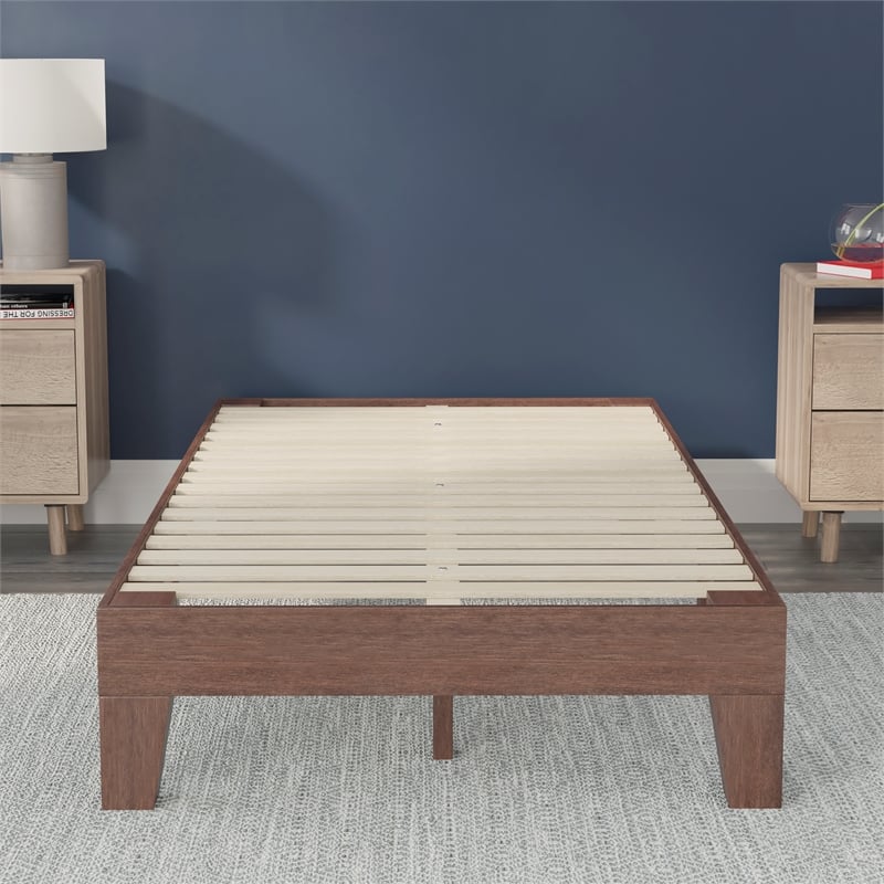 Pemberly Row Wood Platform Twin Bed with 14 Support Slats in Walnut