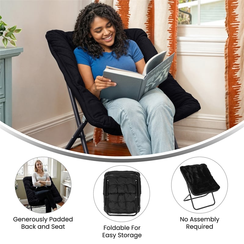 Pemberly Row Folding Faux Fur Oversized Saucer Chair with Steel Frame in Black