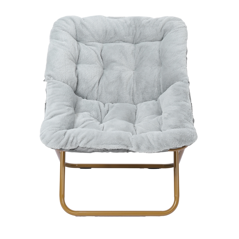 Pemberly Row Folding Faux Fur Oversized Saucer Chair with Frame in Gray/Gold