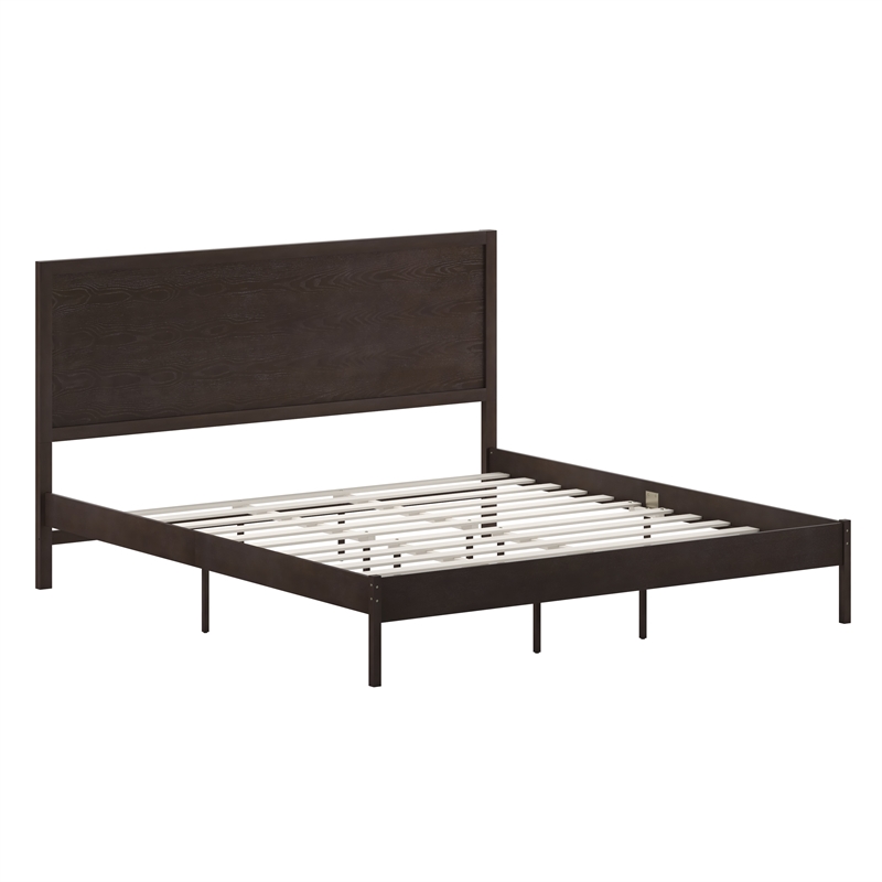 Pemberly Row Solid Wood King Platform Bed with Headboard and Slats in Dark Brown