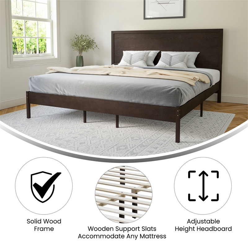 Pemberly Row Solid Wood King Platform Bed with Headboard and Slats in Dark Brown