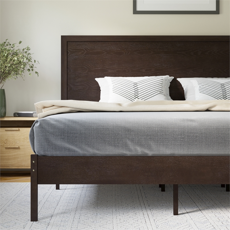 Pemberly Row Solid Wood King Platform Bed with Headboard and Slats in Dark Brown