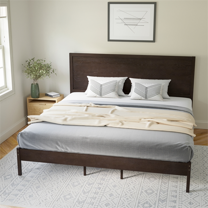 Pemberly Row Solid Wood King Platform Bed with Headboard and Slats in Dark Brown