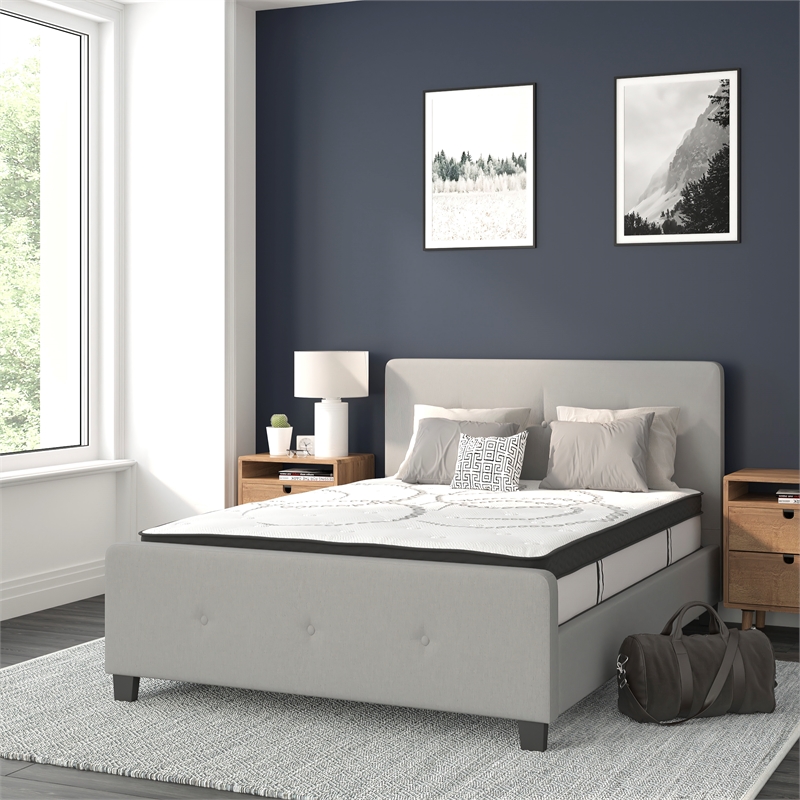 Pemberly Row Full Tufted Platform Bed in Light Gray with 10