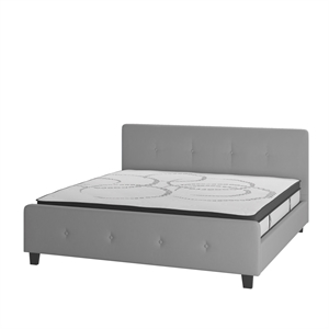Pemberly Row King Tufted Platform Bed in Light Gray with 10&quot Spring Mattress