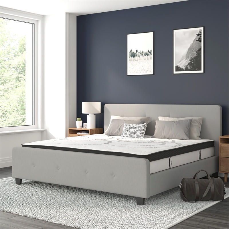 Pemberly Row King Tufted Platform Bed in Light Gray with 10