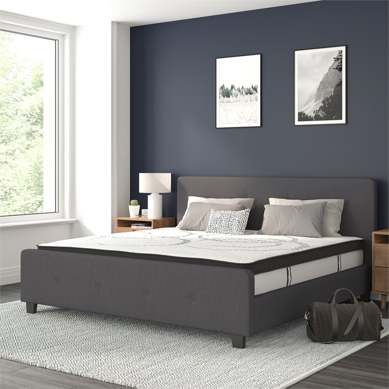 Pemberly Row King Tufted Platform Bed in Dark Gray with 10