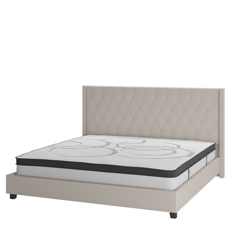 Pemberly Row King Tufted Platform Bed in Beige with 10