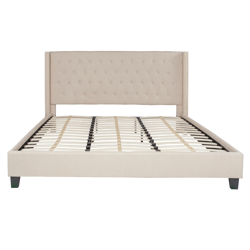 Pemberly Row King Tufted Platform Bed in Beige with 10