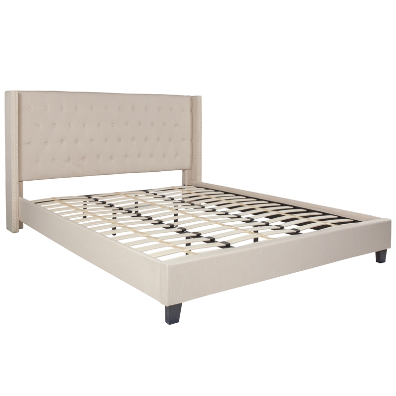 Pemberly Row King Tufted Platform Bed in Beige with 10