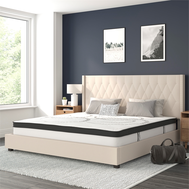 Pemberly Row King Tufted Platform Bed in Beige with 10