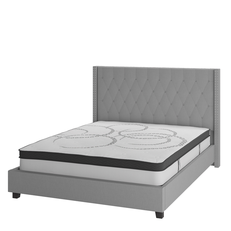 Pemberly Row King Tufted Platform Bed in Light Gray with 10