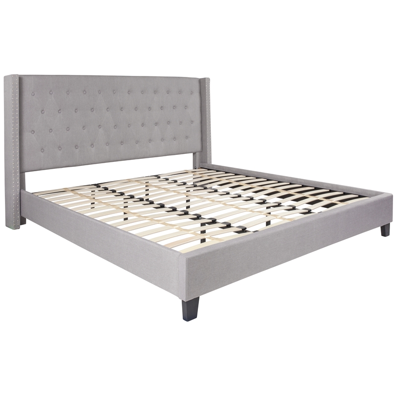 Pemberly Row King Tufted Platform Bed in Light Gray with 10