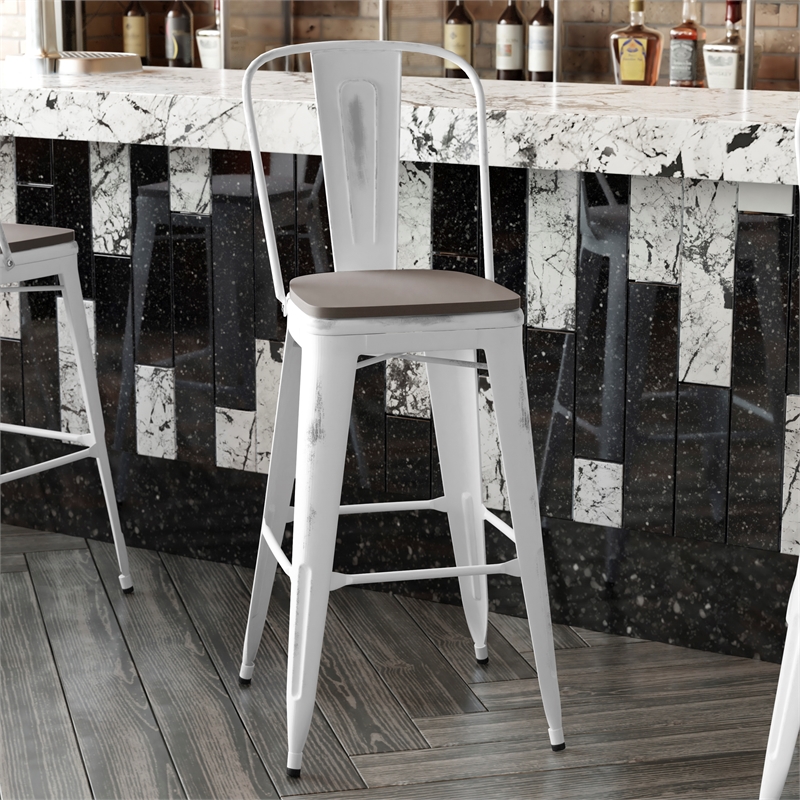 Pemberly Row All-Weather Bar Height Stool with Poly Resin Seat in White/Gray