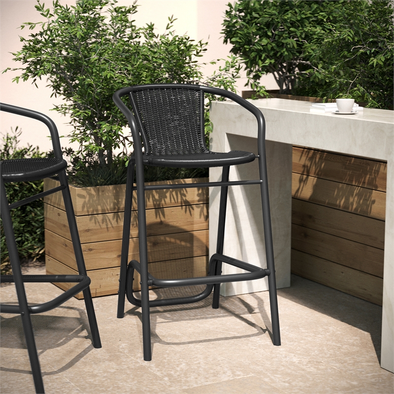 Pemberly Row Indoor/Outdoor Rattan Restaurant Barstool in Black/Black