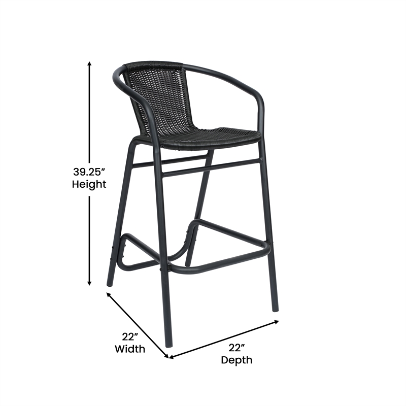 Pemberly Row Indoor/Outdoor Rattan Restaurant Barstool in Black/Black