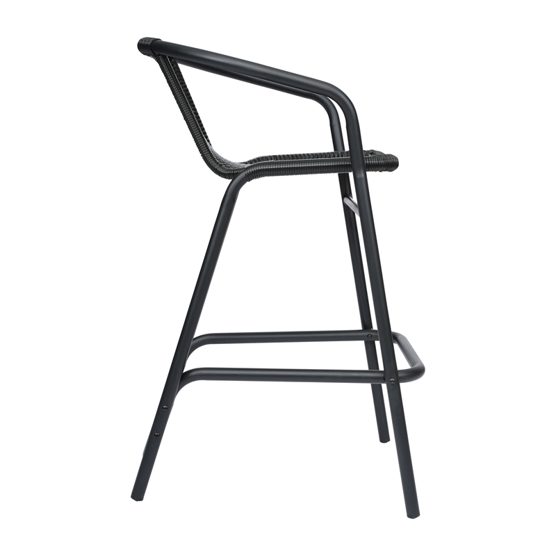 Pemberly Row Indoor/Outdoor Rattan Restaurant Barstool in Black/Black