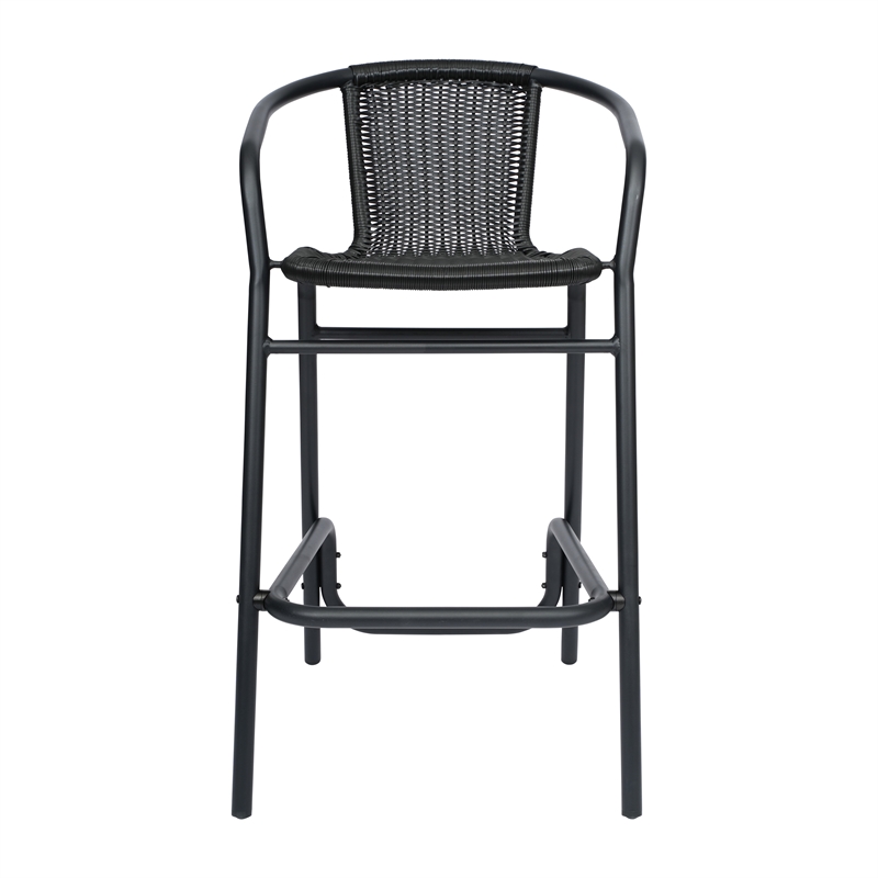 Pemberly Row Indoor/Outdoor Rattan Restaurant Barstool in Black/Black