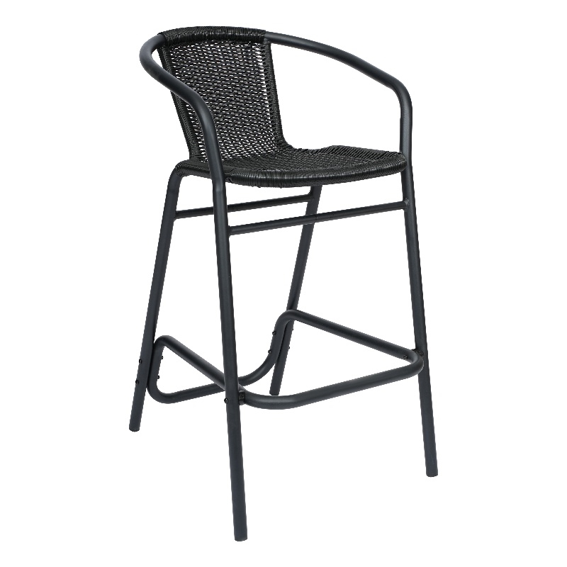 Pemberly Row Indoor/Outdoor Rattan Restaurant Barstool in Black/Black