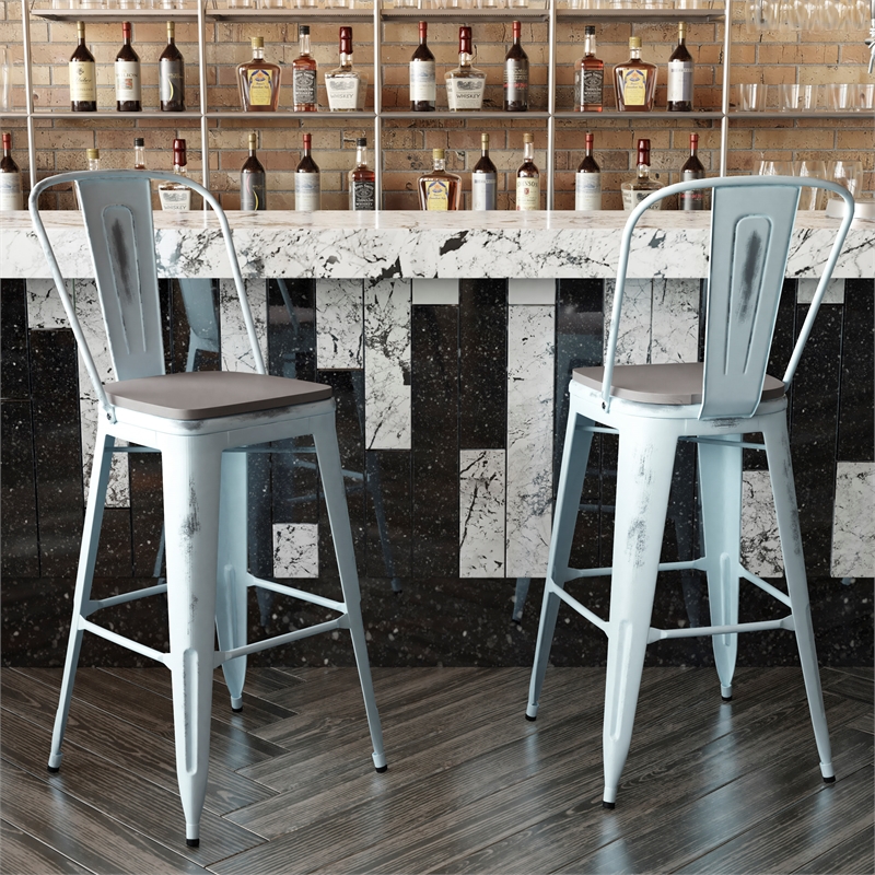 Pemberly Row Bar Height Stool with Poly Resin Seat in Green-Blue/Gray