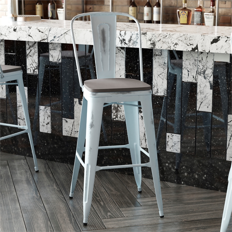 Pemberly Row Bar Height Stool with Poly Resin Seat in Green-Blue/Gray