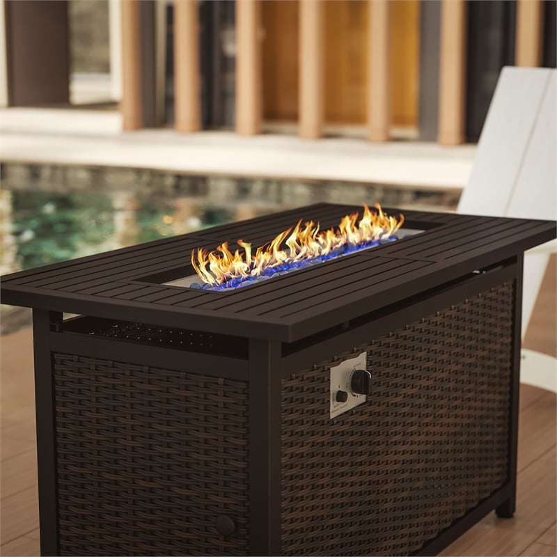 Pemberly Row Outdoor 50000 BTU Fire Table with Steel Top & Wicker Base in Black