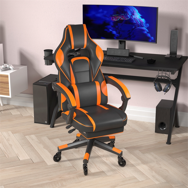 Pemberly Row Office Gaming Chair with Skater Wheels and Reclining Arms in Orange