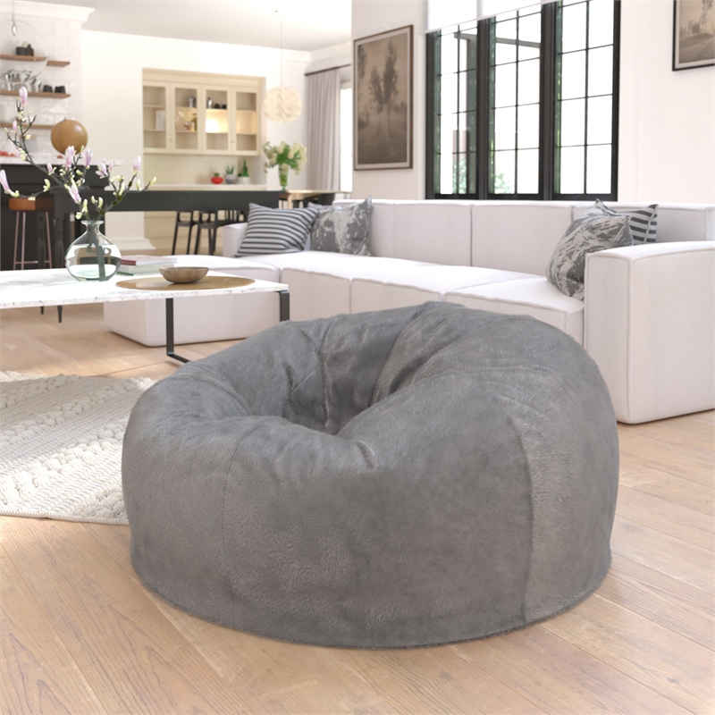 Pemberly Row Oversized Gray Furry Refillable Bean Bag Chair for All Ages