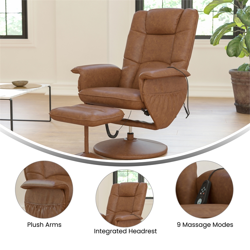 Pemberly Row Massaging Adjustable Recliner with Ottoman and Side Pocket in Brown