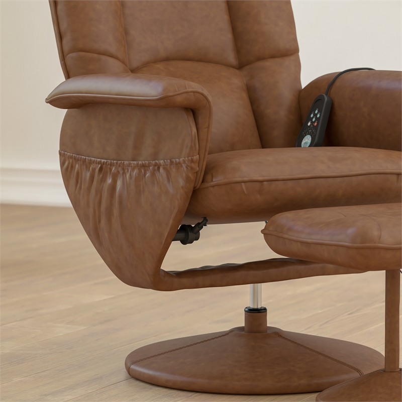 Pemberly Row Massaging Adjustable Recliner with Ottoman and Side Pocket in Brown
