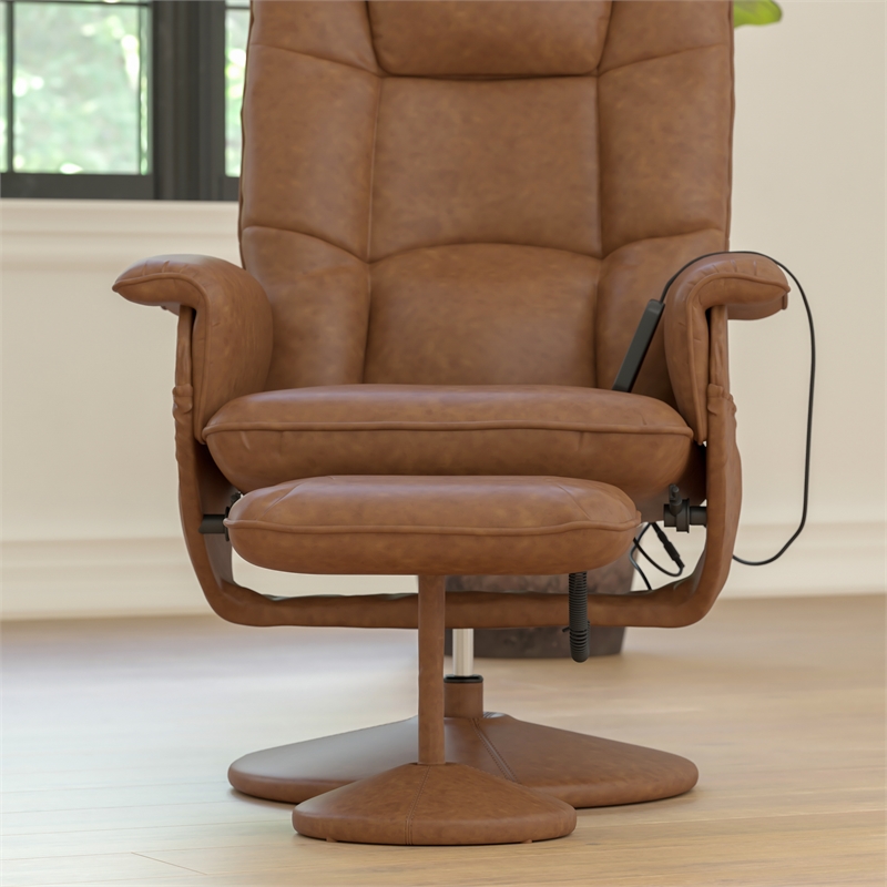 Pemberly Row Massaging Adjustable Recliner with Ottoman and Side Pocket in Brown