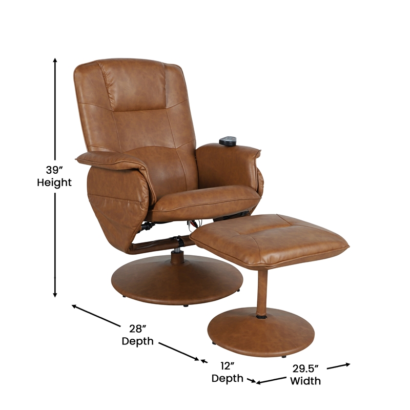 Pemberly Row Massaging Adjustable Recliner with Ottoman and Side Pocket in Brown