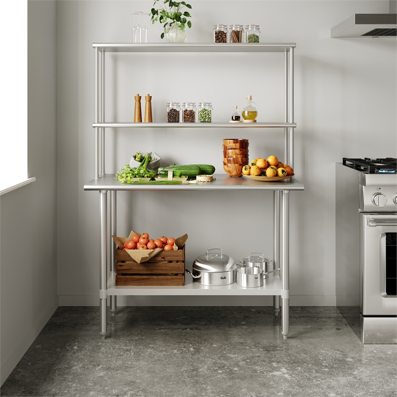 Pemberly Row 24x48 Stainless Steel Work Table with 2 Overshelves and Undershelf