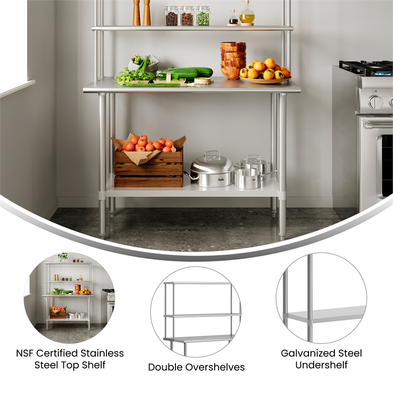 Pemberly Row 24x48 Stainless Steel Work Table with 2 Overshelves and Undershelf