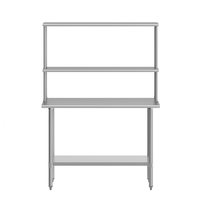 Pemberly Row 24x48 Stainless Steel Work Table with 2 Overshelves and Undershelf