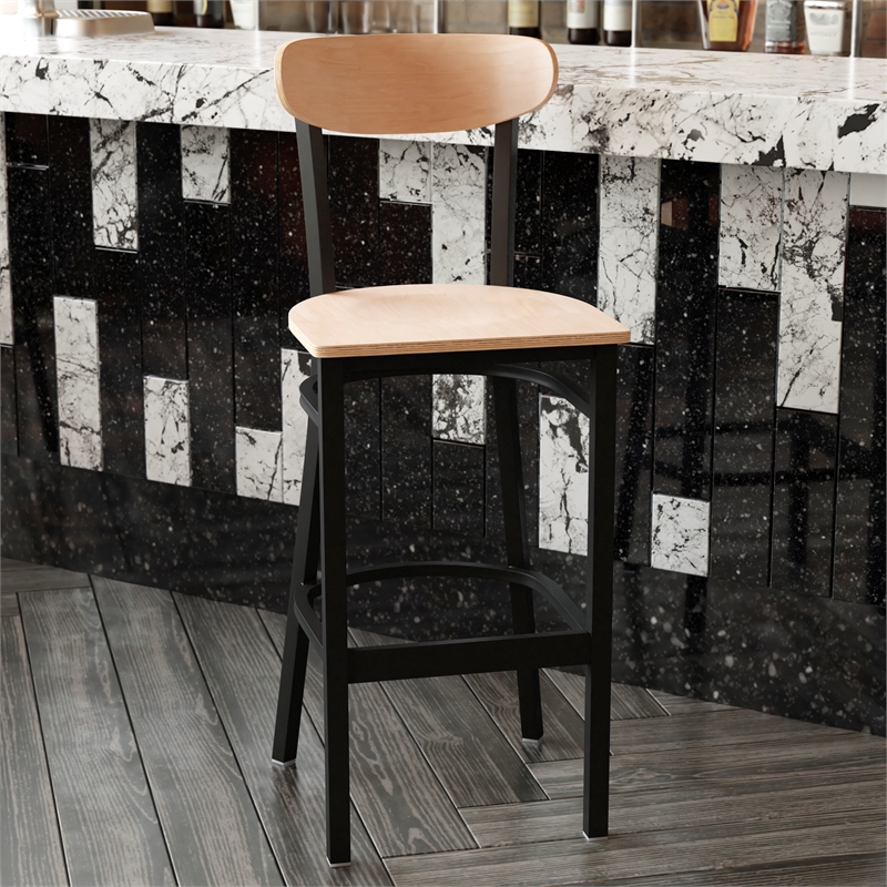 Pemberly Row Metal Barstool with Wood Seat and Boomerang Back in Natural Birch