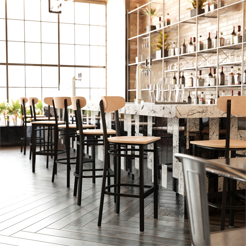 Pemberly Row Metal Barstool with Wood Seat and Boomerang Back in Natural Birch
