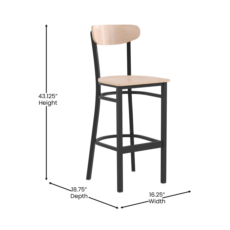 Pemberly Row Metal Barstool with Wood Seat and Boomerang Back in Natural Birch