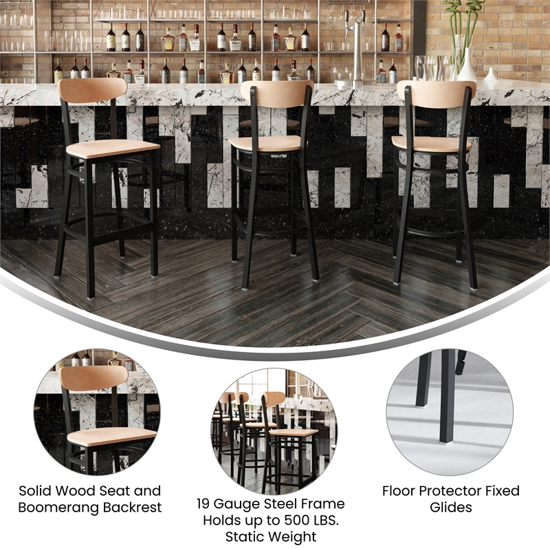 Pemberly Row Metal Barstool with Wood Seat and Boomerang Back in Natural Birch