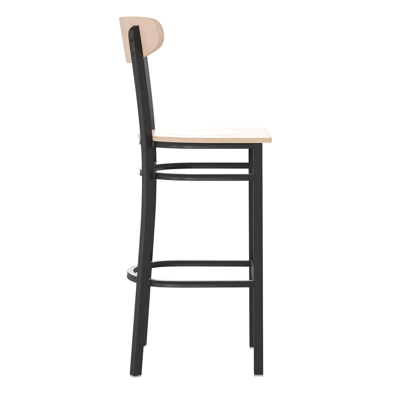 Pemberly Row Metal Barstool with Wood Seat and Boomerang Back in Natural Birch
