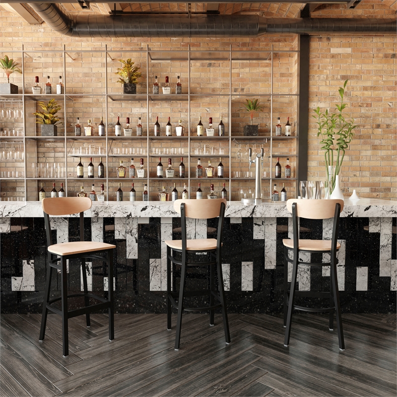 Pemberly Row Metal Barstool with Wood Seat and Boomerang Back in Natural Birch