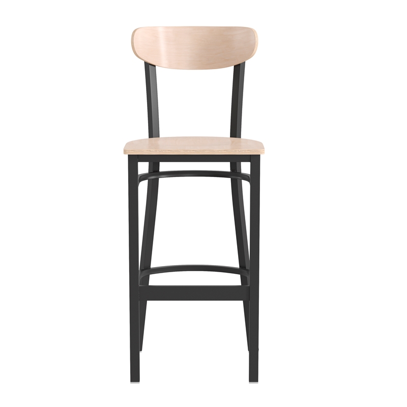 Pemberly Row Metal Barstool with Wood Seat and Boomerang Back in Natural Birch