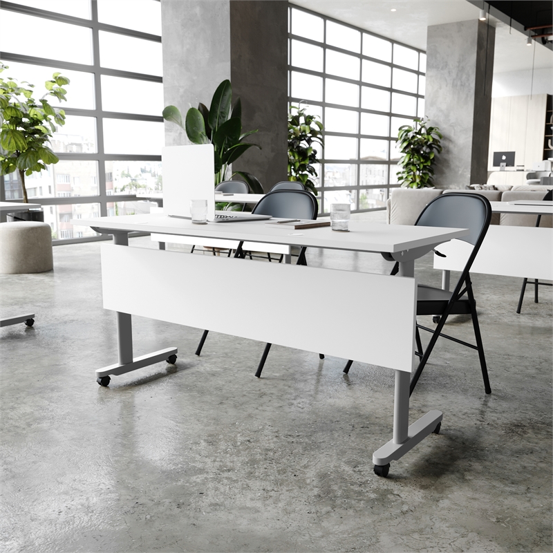 Pemberly Row Nesting Flip Training Table with Steel Frame & T-Legs in White/Gray