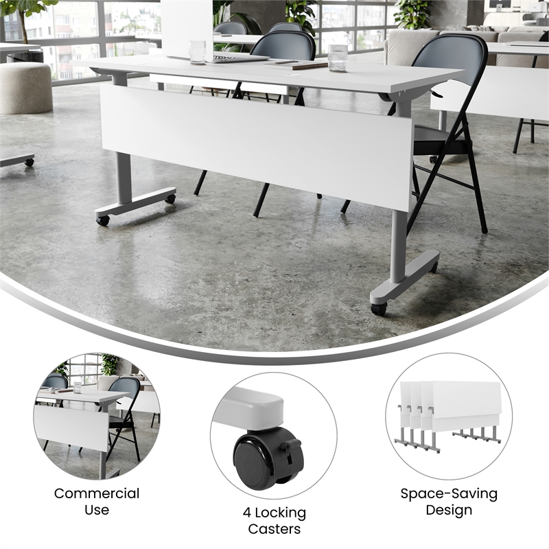 Pemberly Row Nesting Flip Training Table with Steel Frame & T-Legs in White/Gray