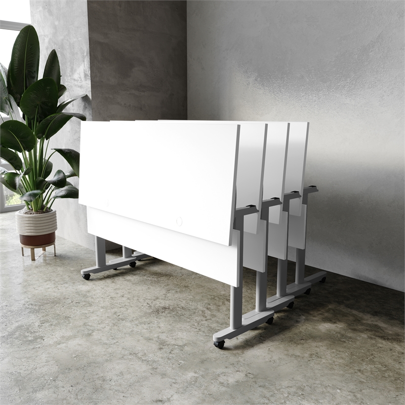 Pemberly Row Nesting Flip Training Table with Steel Frame & T-Legs in White/Gray
