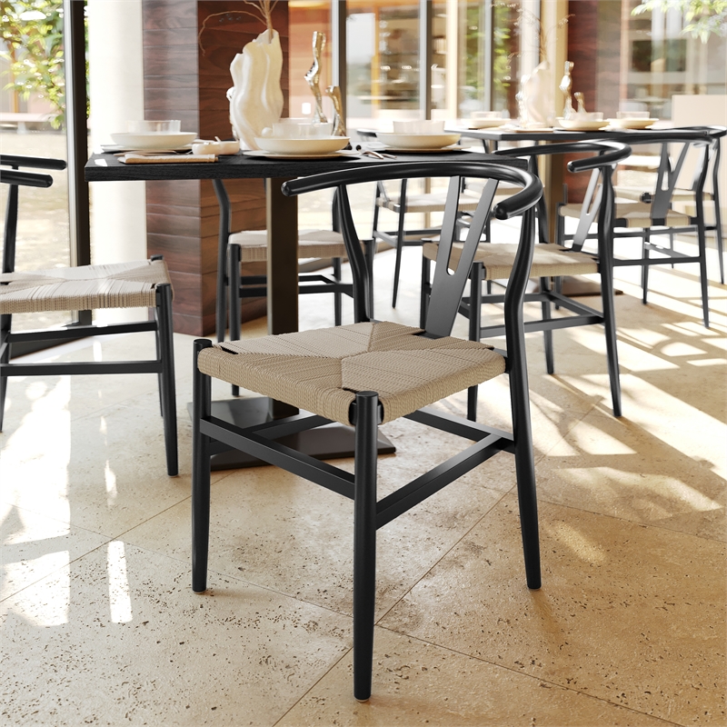 Pemberly Row Y-Back Style Wood & Kraft Paper Stack Dining Chair in Black/Natural