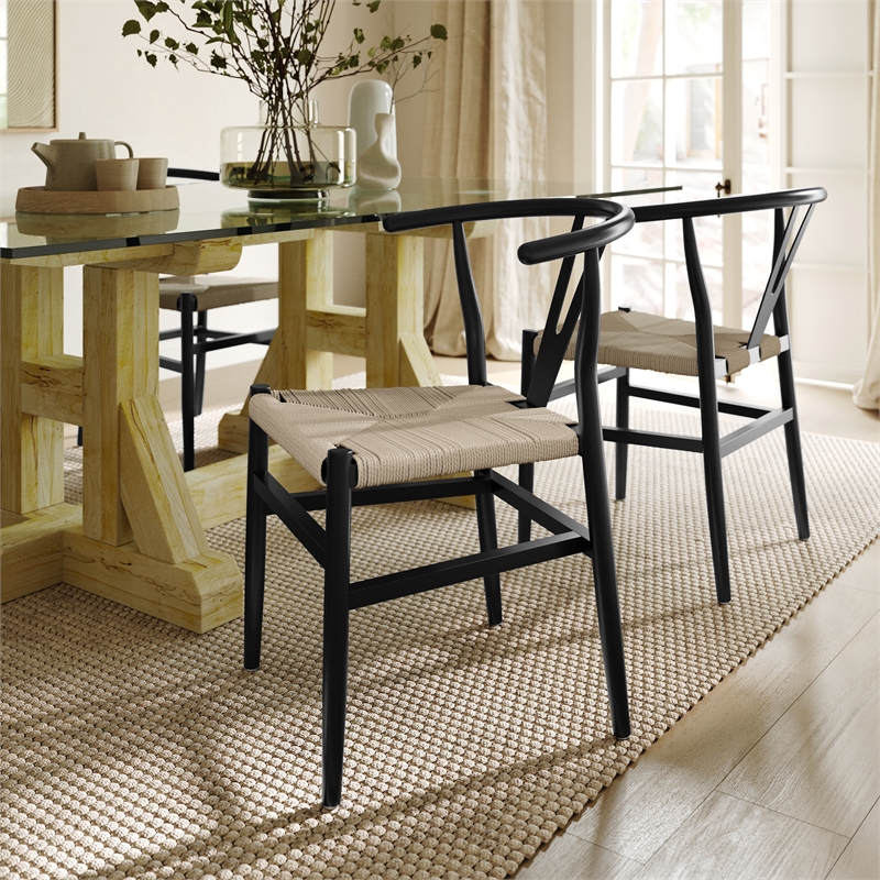 Pemberly Row Y-Back Style Wood & Kraft Paper Stack Dining Chair in Black/Natural