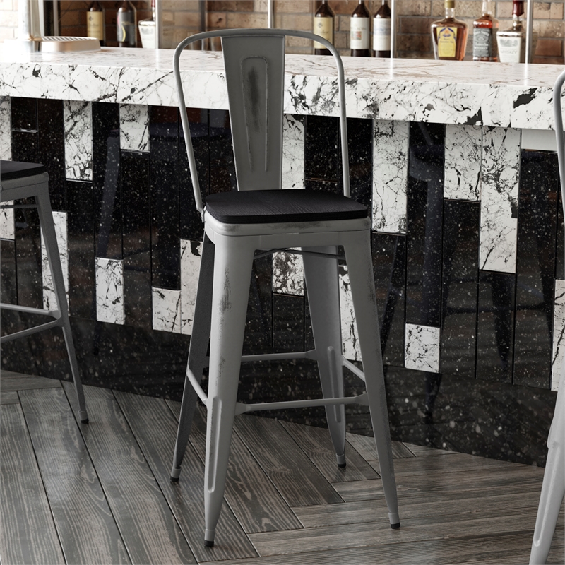 Pemberly Row Indoor Bar Stool with Poly Resin Colorful Seat in Silver/Black